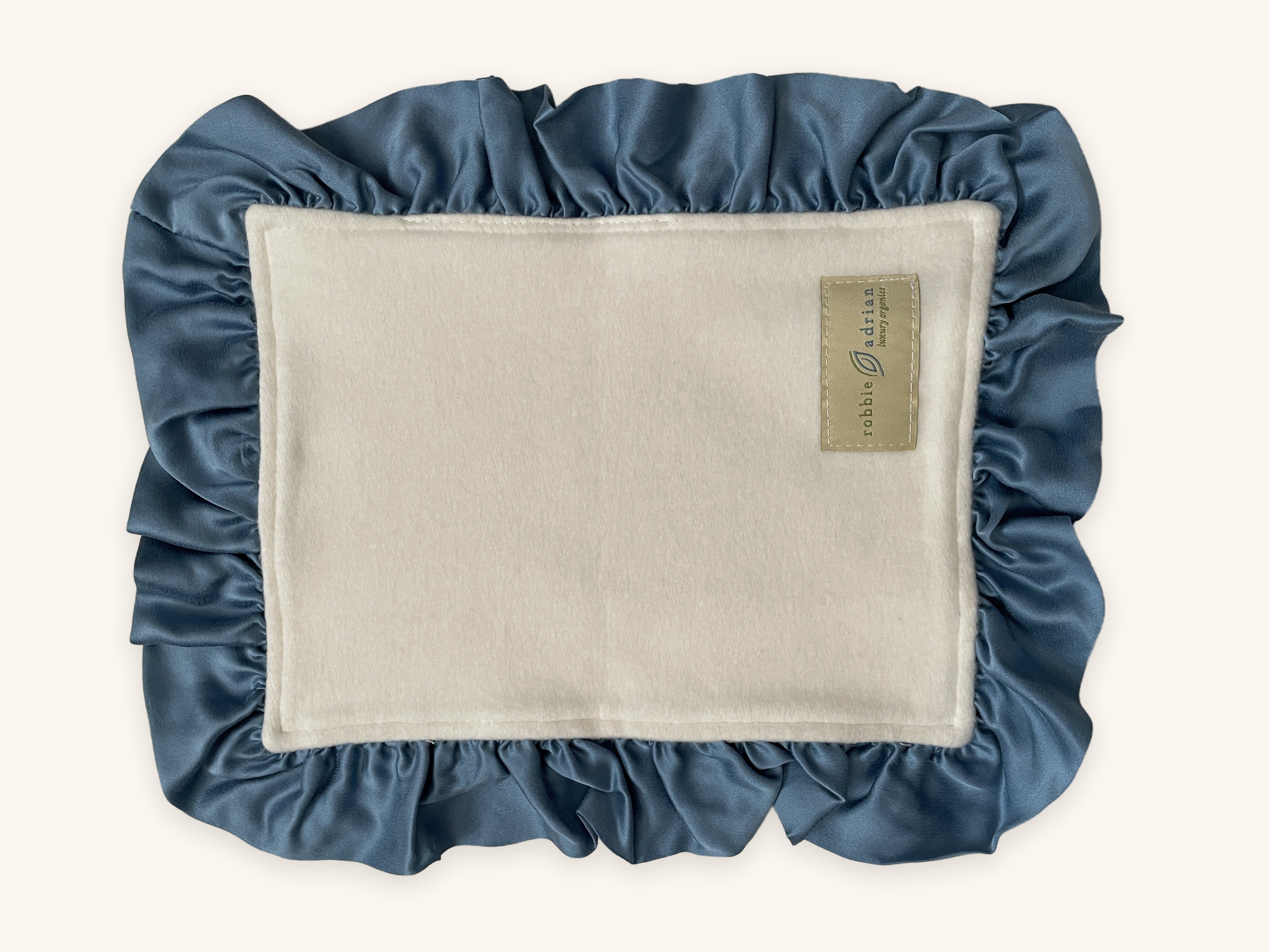 Robbie Adrian organic cotton lovey security blanket with blue silk charmeuse ruffle trim