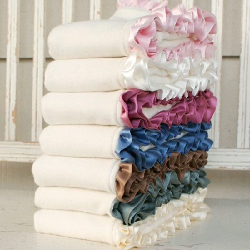 Organic cotton fleece baby blankets with petite silk ruffle, stacked
