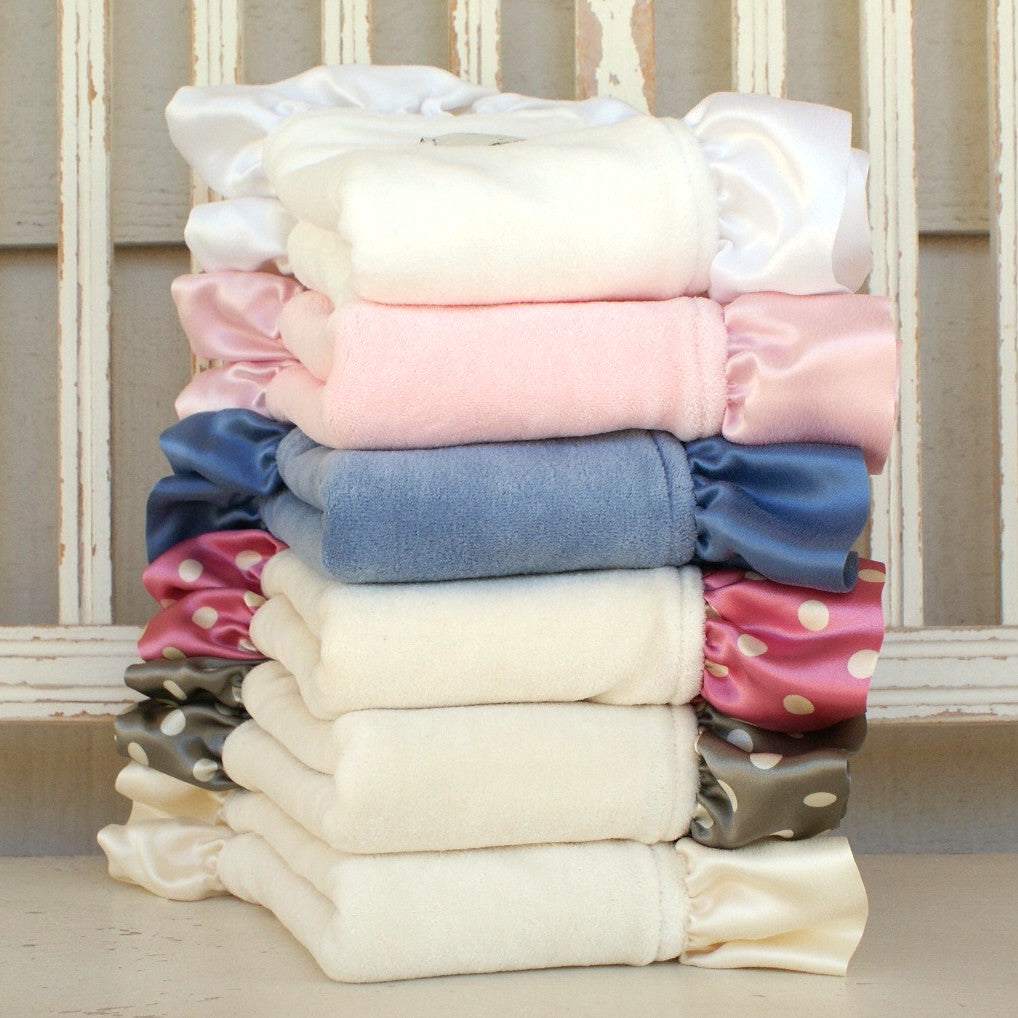 Organic cotton velour baby blankets with petite silk ruffle, stacked
