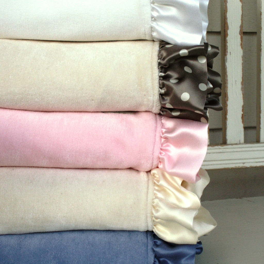 Organic cotton velour baby blankets with silk charmeuse ruffles, stacked